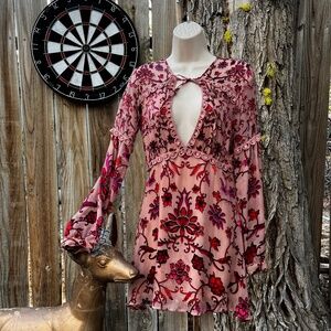 For Love & Lemons Long Sleeve Keyhole Floral Dress With Embroidered Trim